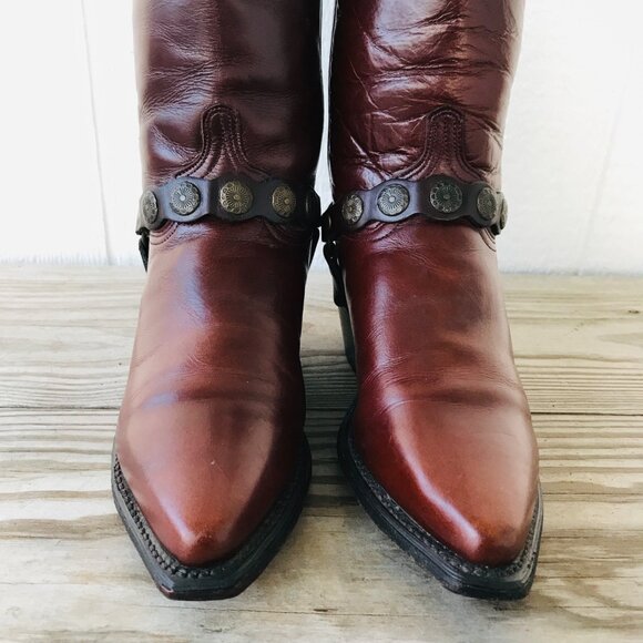 Abilene Womens Dark Brown Concho Harness Cowboy Western Boots 7 M 9042 USA - Picture 8 of 11